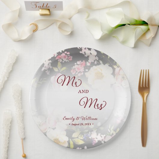 水彩ピンクイエローローズぼやけブラック結婚、s ペーパープレート (ウェディング)