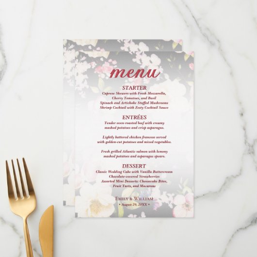 水彩ピンクイエローローズぼやけブラック結婚、s メニュー (正面/裏面インサイチュ)