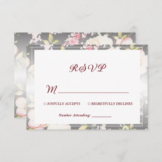 水彩ピンクイエローローズぼやけブラック結婚、s 出欠カード (正面/裏面)