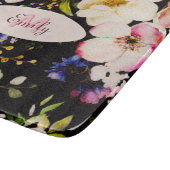 水彩ピンクイエローローズオンブラック、モノグラム カッティングボード (角)