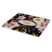 水彩ピンクイエローローズオンブラック、モノグラム カッティングボード (角)