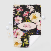 水彩ピンクイエローローズオンブラック、モノグラム ゴルフタオル (インサイチュ)