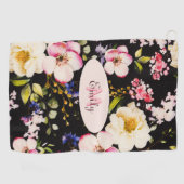 水彩ピンクイエローローズオンブラック、モノグラム ゴルフタオル (横)