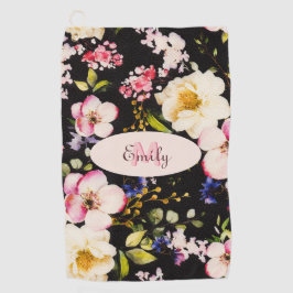 水彩ピンクイエローローズオンブラック、モノグラム ゴルフタオル