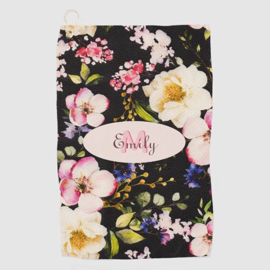 水彩ピンクイエローローズオンブラック、モノグラム ゴルフタオル (正面)