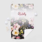 水彩ピンクイエローローズオンブラック、モノグラム ゴルフタオル (インサイチュ)