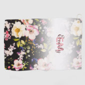 水彩ピンクイエローローズオンブラック、モノグラム ゴルフタオル (横)