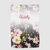 水彩ピンクイエローローズオンブラック、モノグラム ゴルフタオル (正面)