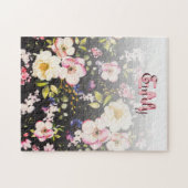 水彩ピンクイエローローズオンブラック、モノグラム ジグソーパズル (横)