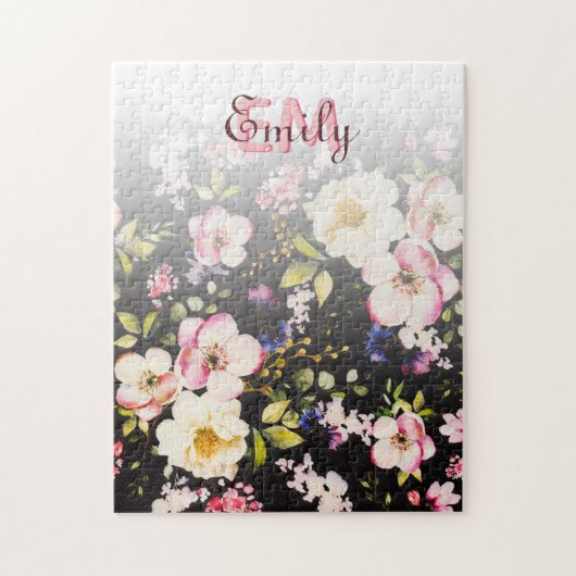 水彩ピンクイエローローズオンブラック、モノグラム ジグソーパズル (縦)