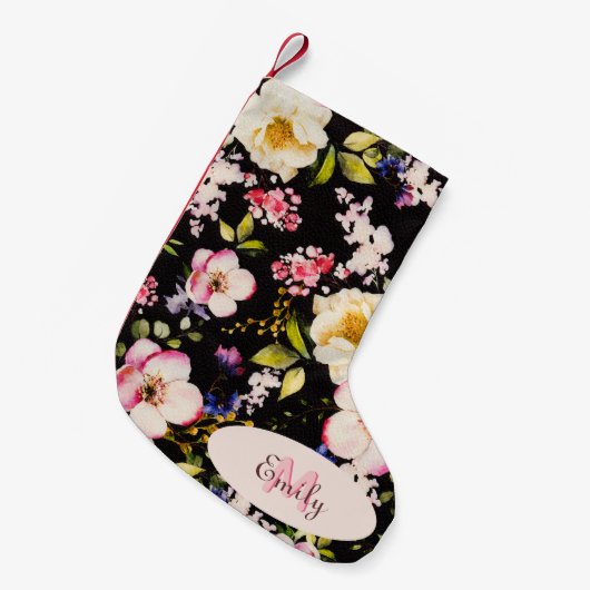 水彩ピンクイエローローズオンブラック、モノグラム スモールクリスマスストッキング (正面 (吊り時))