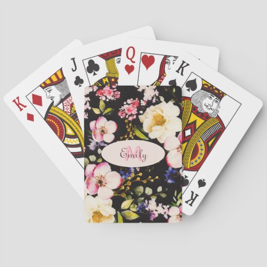 水彩ピンクイエローローズオンブラック、モノグラム トランプ (裏面)