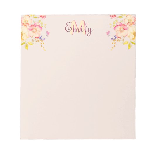 水彩ピンクイエローローズオンブラック、モノグラム ノートパッド (正面)