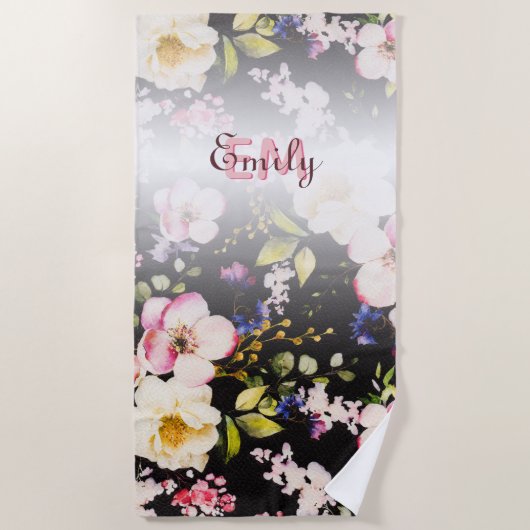 水彩ピンクイエローローズオンブラック、モノグラム ビーチタオル (正面)