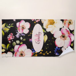 水彩ピンクイエローローズオンブラック、モノグラム ビーチタオル