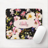 水彩ピンクイエローローズオンブラック、モノグラム マウスパッド (マウス)