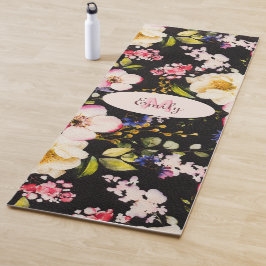 水彩ピンクイエローローズオンブラック、モノグラム ヨガマット