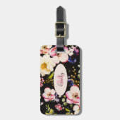 水彩ピンクイエローローズオンブラック、モノグラム ラゲッジタグ (正面縦)