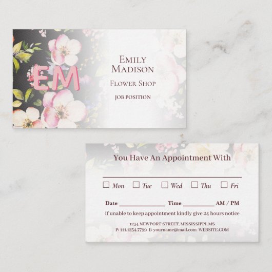 水彩ピンクイエローローズオンブラック、モノグラム 予約カード (正面/裏面)