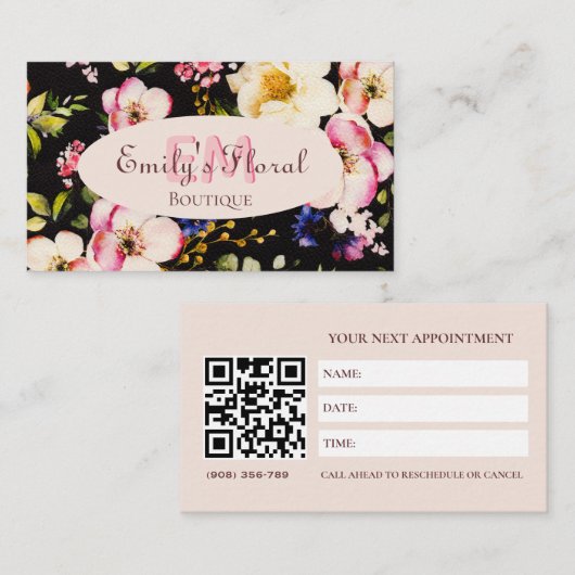 水彩ピンクイエローローズオンブラック、モノグラム 予約カード (正面/裏面)