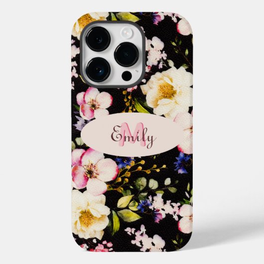水彩ピンクイエローローズオンブラック、モノグラム Case-Mate iPhoneケース (裏面)