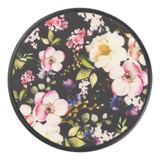 水彩ピンクイエローローズブラック背景 アイスホッケーパック (正面)