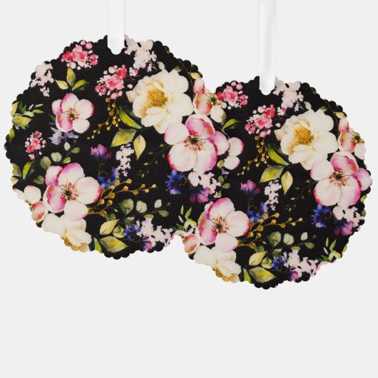 水彩ピンクイエローローズブラック背景 オーナメントカード (正面/裏面)