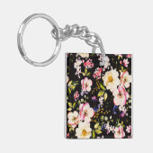 水彩ピンクイエローローズブラック背景 キーホルダー (正面左)