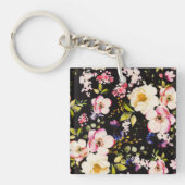 水彩ピンクイエローローズブラック背景 キーホルダー (正面)