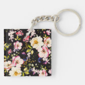 水彩ピンクイエローローズブラック背景 キーホルダー (裏面)