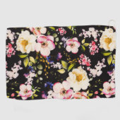 水彩ピンクイエローローズブラック背景 ゴルフタオル (横)