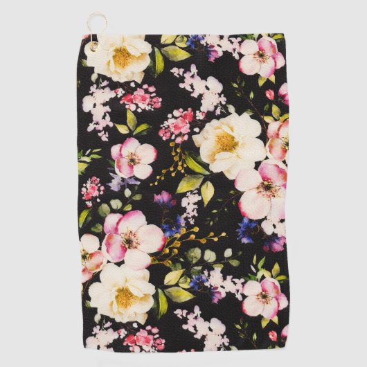 水彩ピンクイエローローズブラック背景 ゴルフタオル (正面)