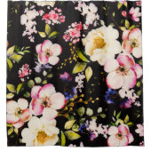 水彩ピンクイエローローズブラック背景 シャワーカーテン (正面)