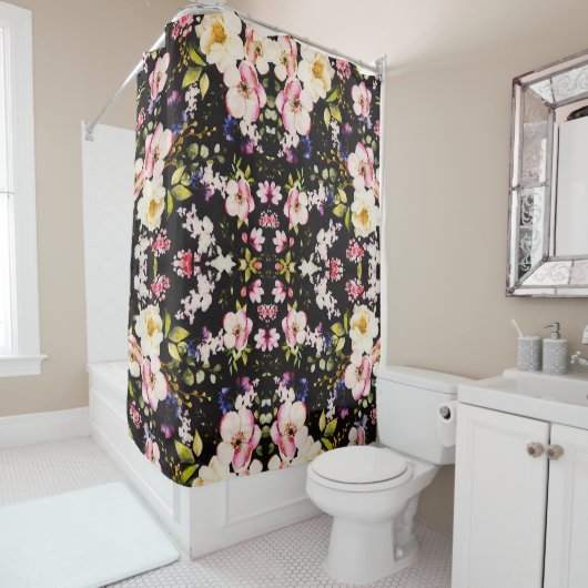 水彩ピンクイエローローズブラック背景 シャワーカーテン (インサイチュ)