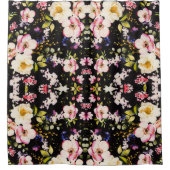 水彩ピンクイエローローズブラック背景 シャワーカーテン (正面)