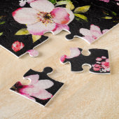 水彩ピンクイエローローズブラック背景 ジグソーパズル (側面)