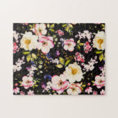 水彩ピンクイエローローズブラック背景 ジグソーパズル (横)