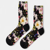 水彩ピンクイエローローズブラック背景 ソックス (左)