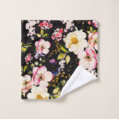 水彩ピンクイエローローズブラック背景 バスタオルセット (ウォッシュタオル)