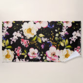 水彩ピンクイエローローズブラック背景 ビーチタオル (正面)