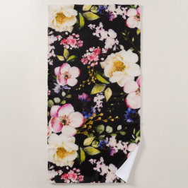 水彩ピンクイエローローズブラック背景 ビーチタオル