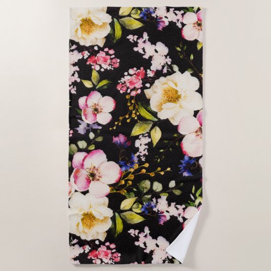 水彩ピンクイエローローズブラック背景 ビーチタオル (正面)