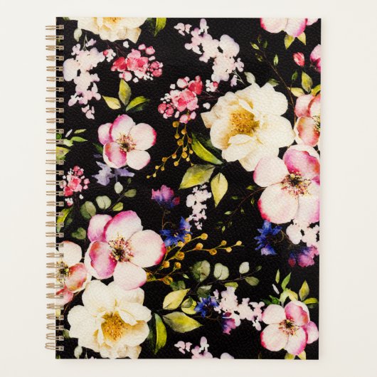 水彩ピンクイエローローズブラック背景 プランナー手帳 (正面)