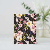 水彩ピンクイエローローズブラック背景 ポストカード (スタンド正面)