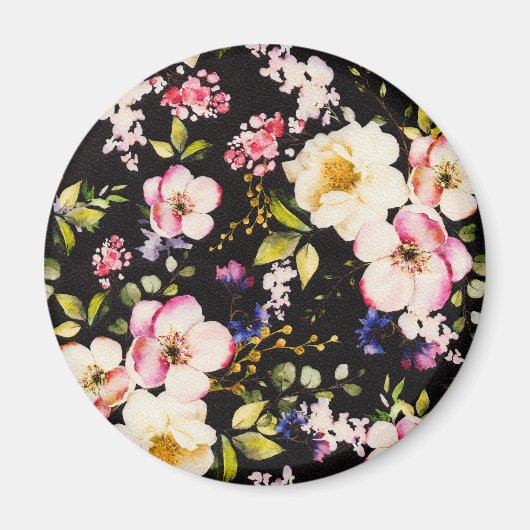 水彩ピンクイエローローズブラック背景 マグネット (正面)