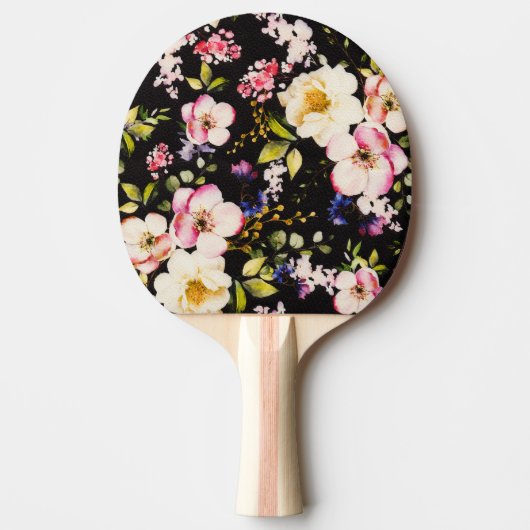 水彩ピンクイエローローズブラック背景 卓球ラケット (正面)