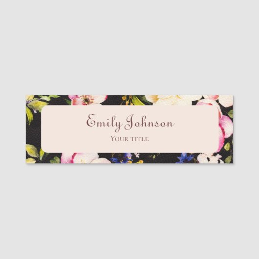 水彩ピンクイエローローズブラック背景 名札 (正面)