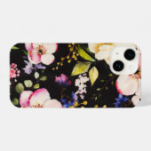 水彩ピンクイエローローズブラック背景 iPhoneケース (裏面横)
