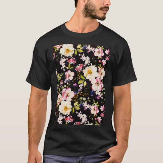 水彩ピンクイエローローズブラック背景 Tシャツ (正面)