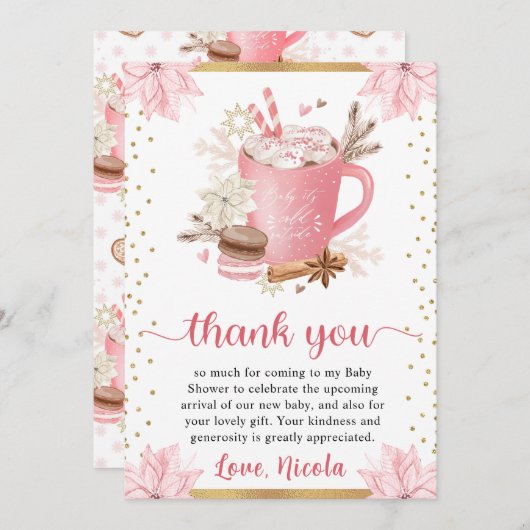 水彩ピンクウィンタークッキー&ココアベビーシャワー サンキューカード (正面/裏面)